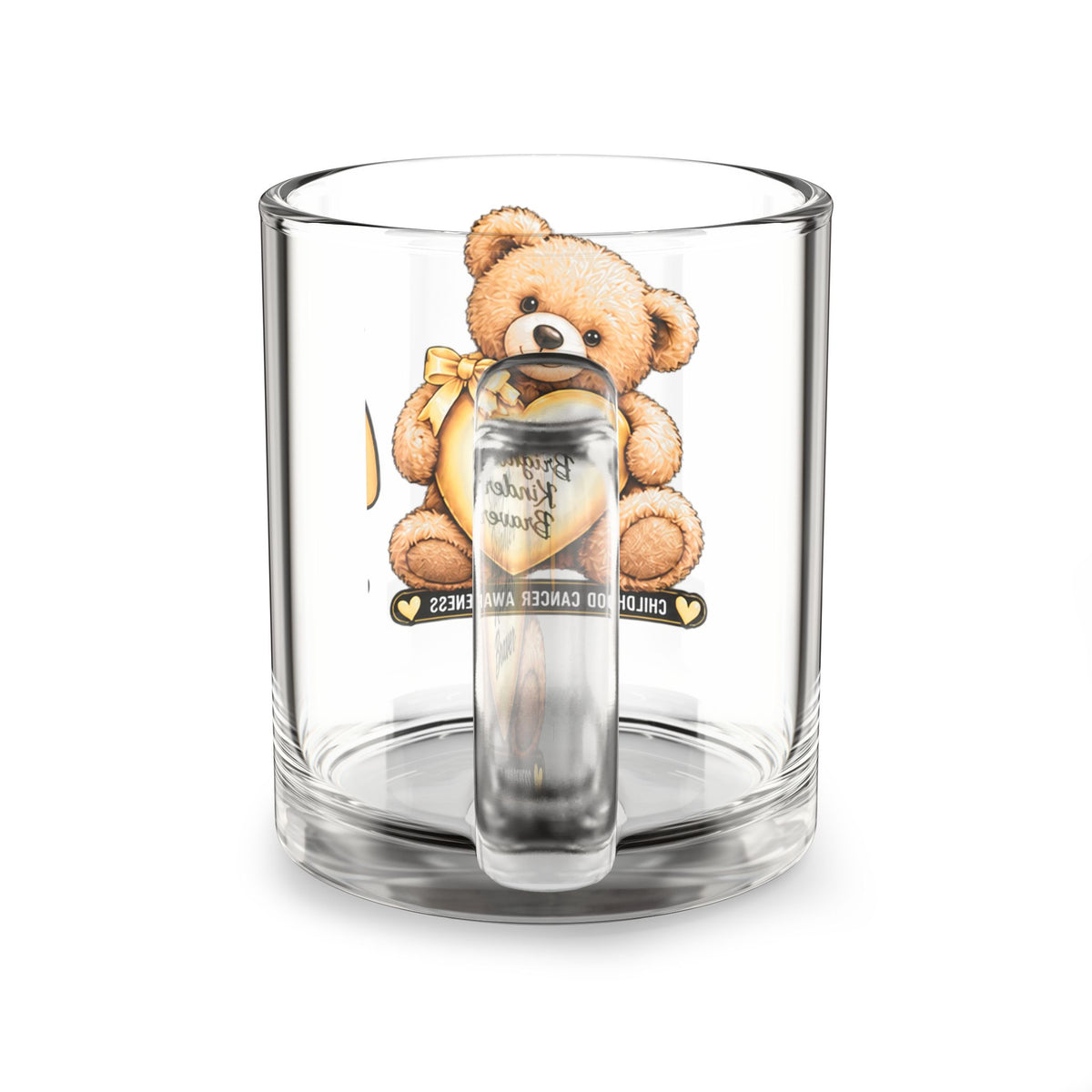 Glass Mug — Childhood Cancer Awareness Teddy Bear "Stronger Brighter Kinder Braver" 10oz