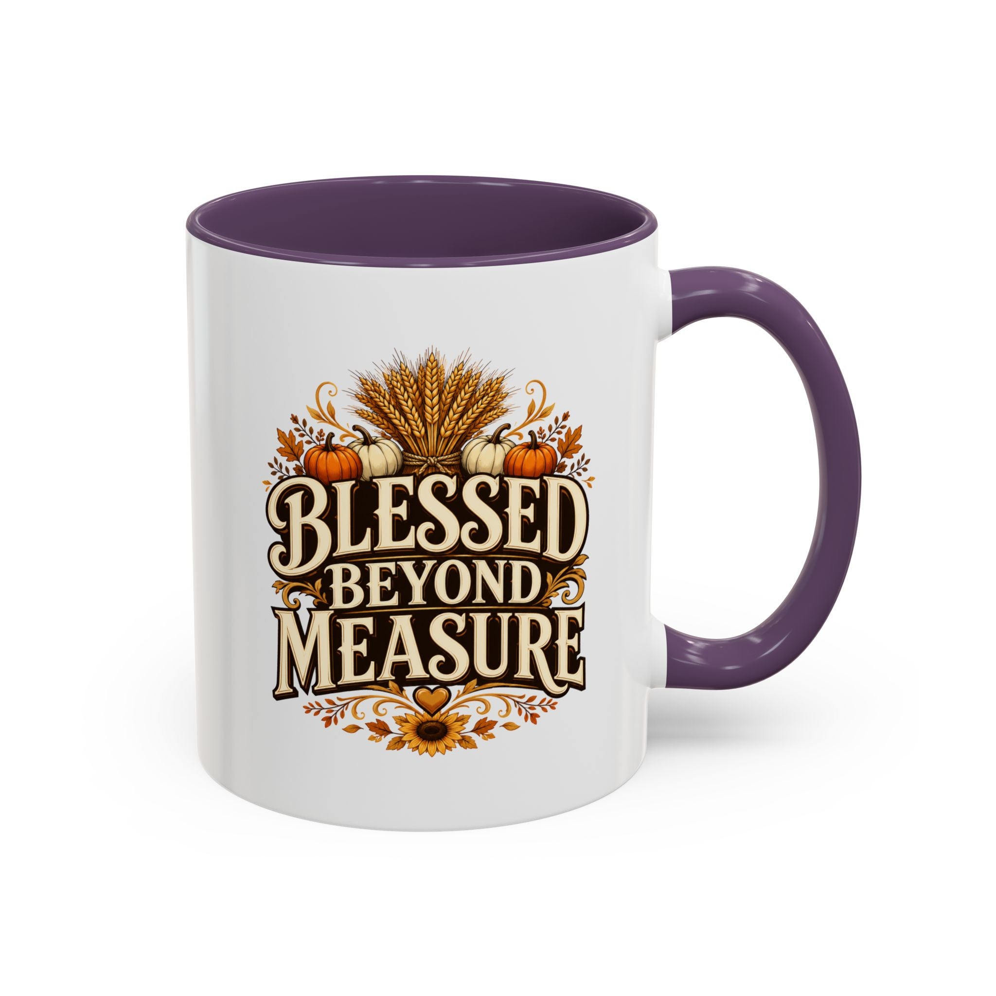 Thanksgiving Mug Blessed Beyond Measure Accent Coffee Mug — Fall Pumpkin & Wheat Autumn Faith Mug