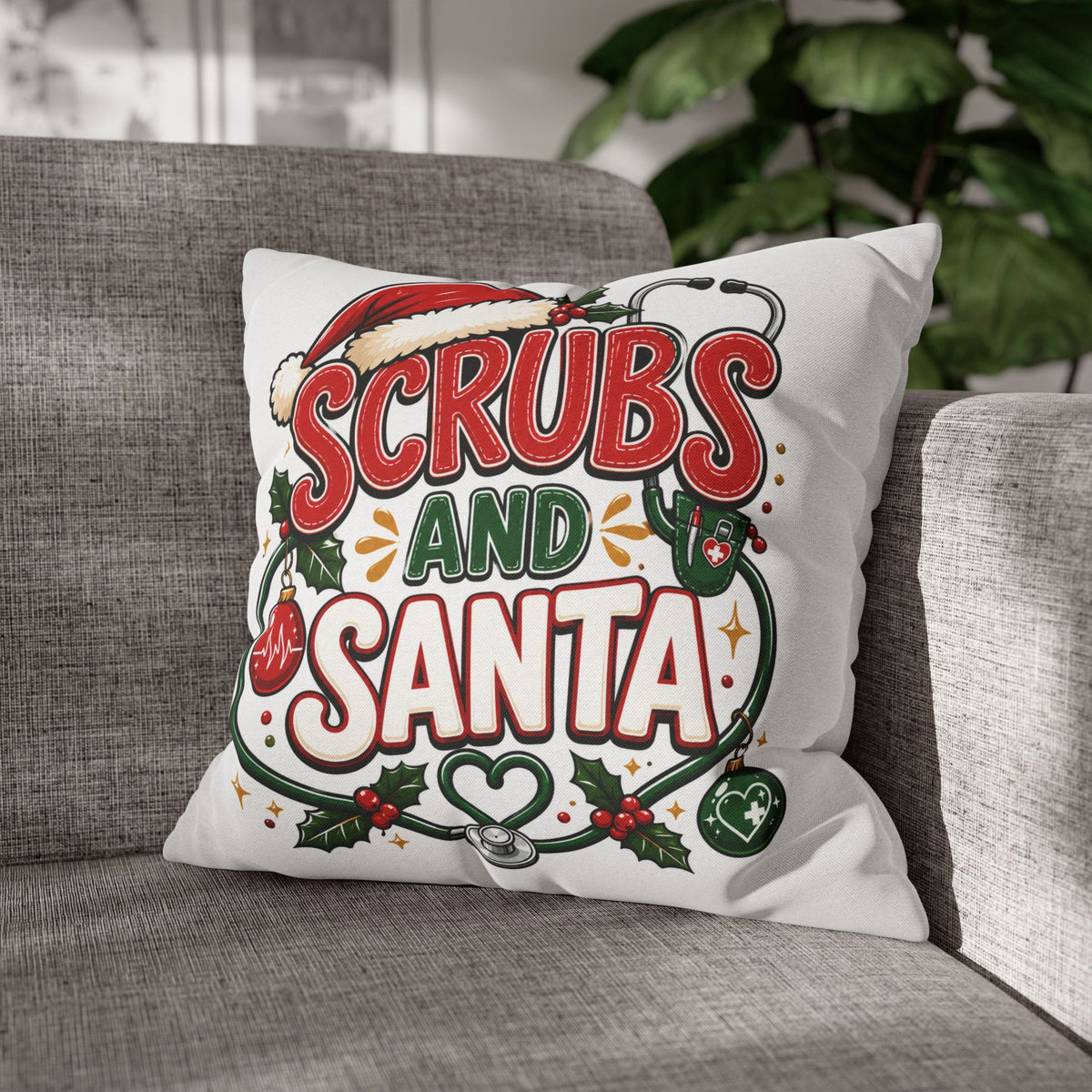 Christmas Scrubs and Santa Holiday Pillowcase – Christmas Nurse Decorative Throw Pillow Cover