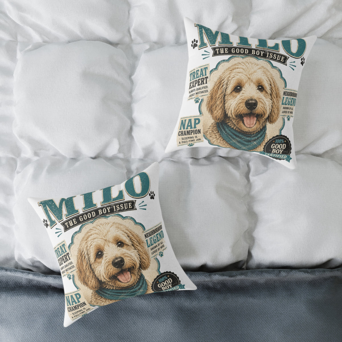Milo Bailey Dog Dad Mom Square Poly Canvas Pillow — Personalized "Milo The Good Boy Issue" Dog Throw Pillow