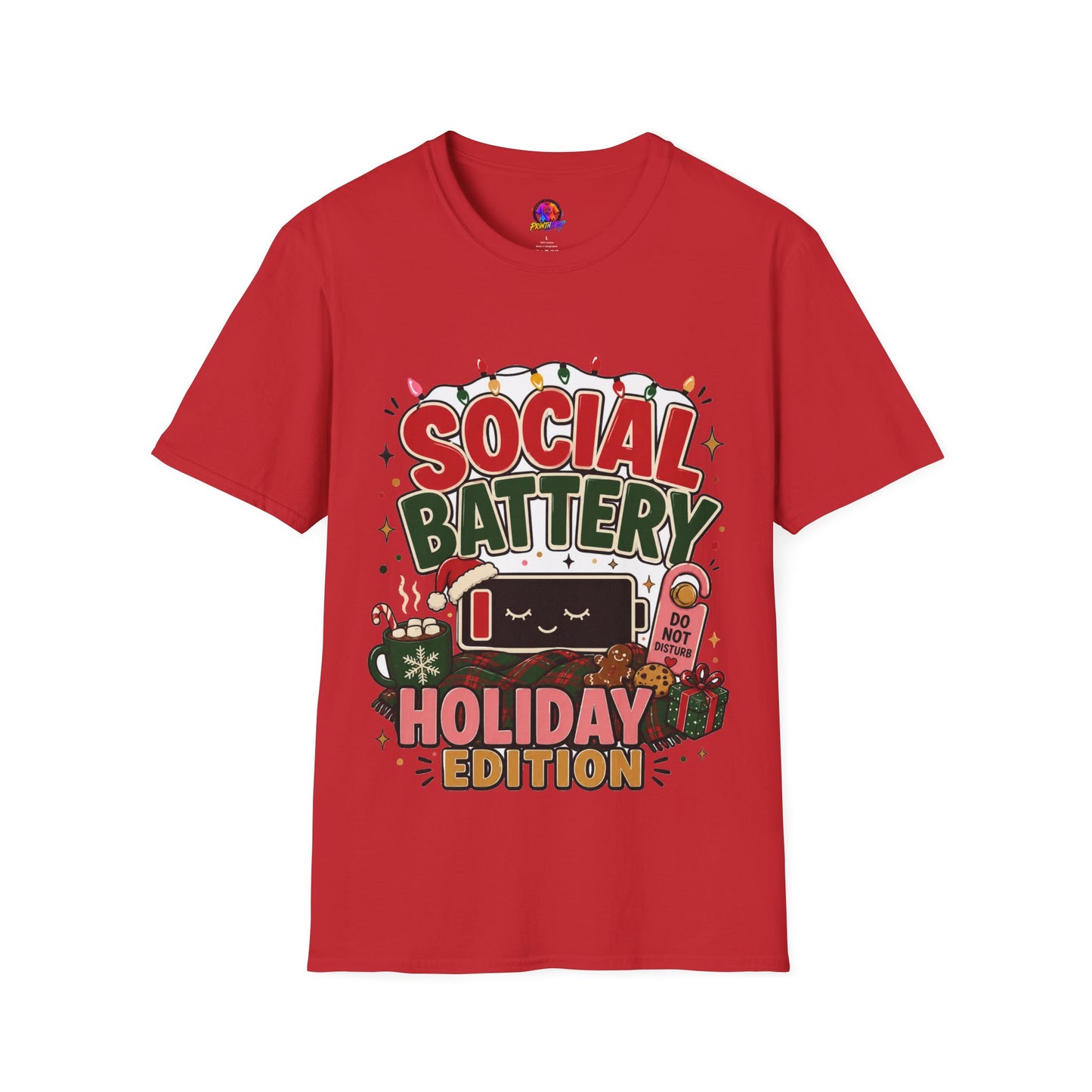 Social Battery Holiday T‑Shirt — Funny Christmas Recharge Graphic Tee