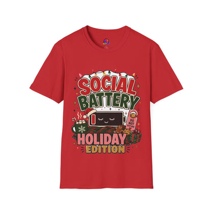 Social Battery Holiday T‑Shirt — Funny Christmas Recharge Graphic Tee