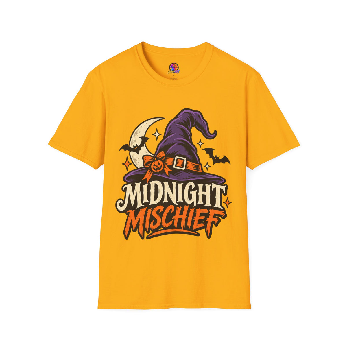 Midnight Mischief Halloween T-Shirt — Witch Hat & Bats Graphic