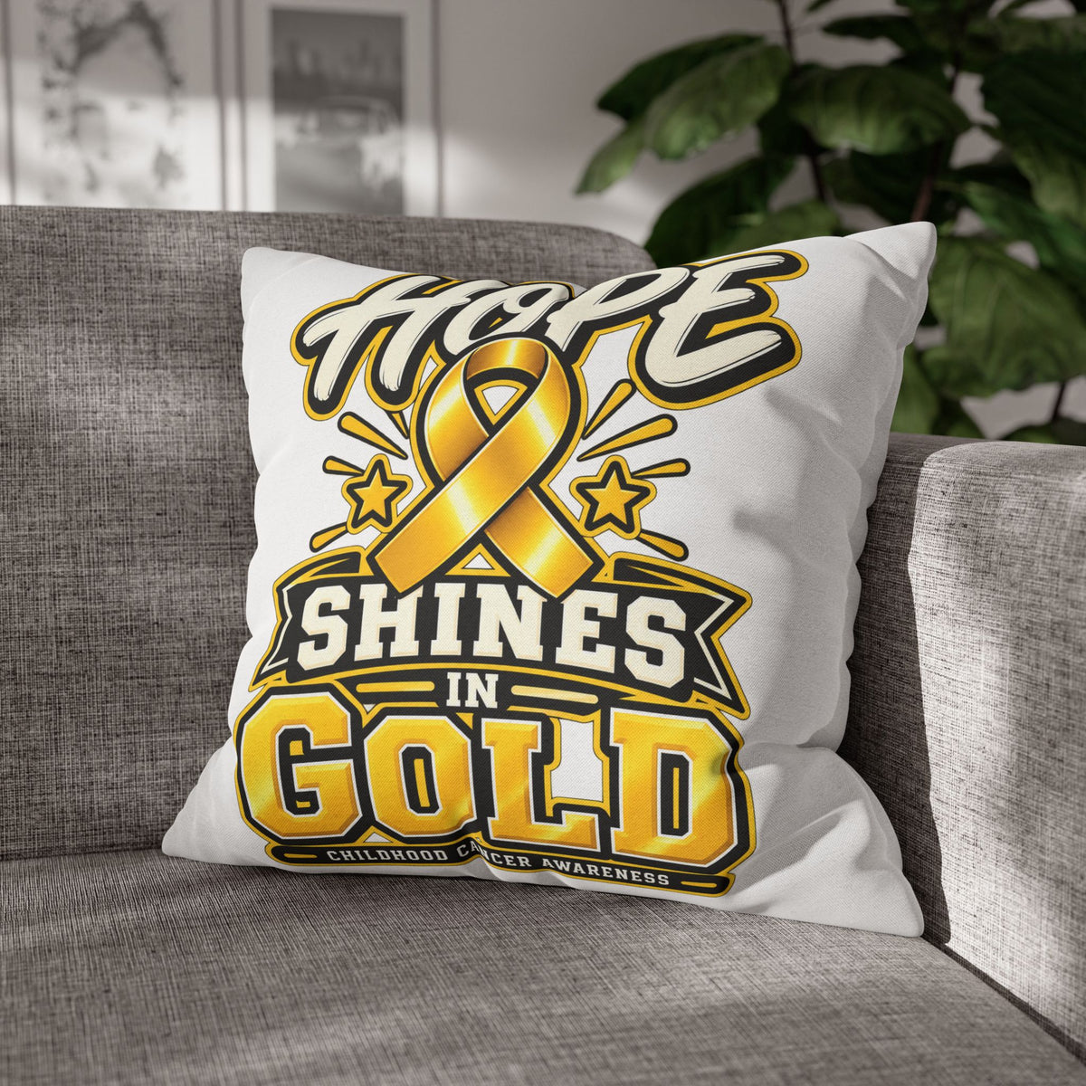 Hope Shines in Gold Pillowcase — Childhood Cancer Awareness Ribbon Decorative Pillow