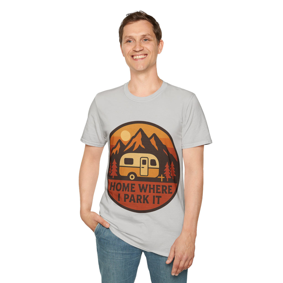 "Home Where I Park It" Vintage Camper Van Graphic Tee - Retro Sunset Mountain White T-Shirt - Trending Now - September 2026