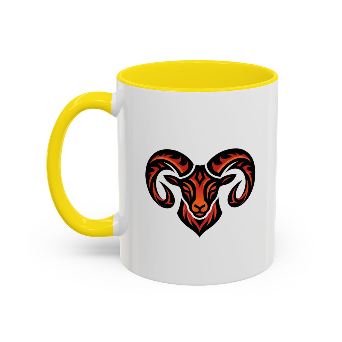Aries Zodiac Ram Logo Accent Coffee Mug — Bold Tribal Ram Head Design