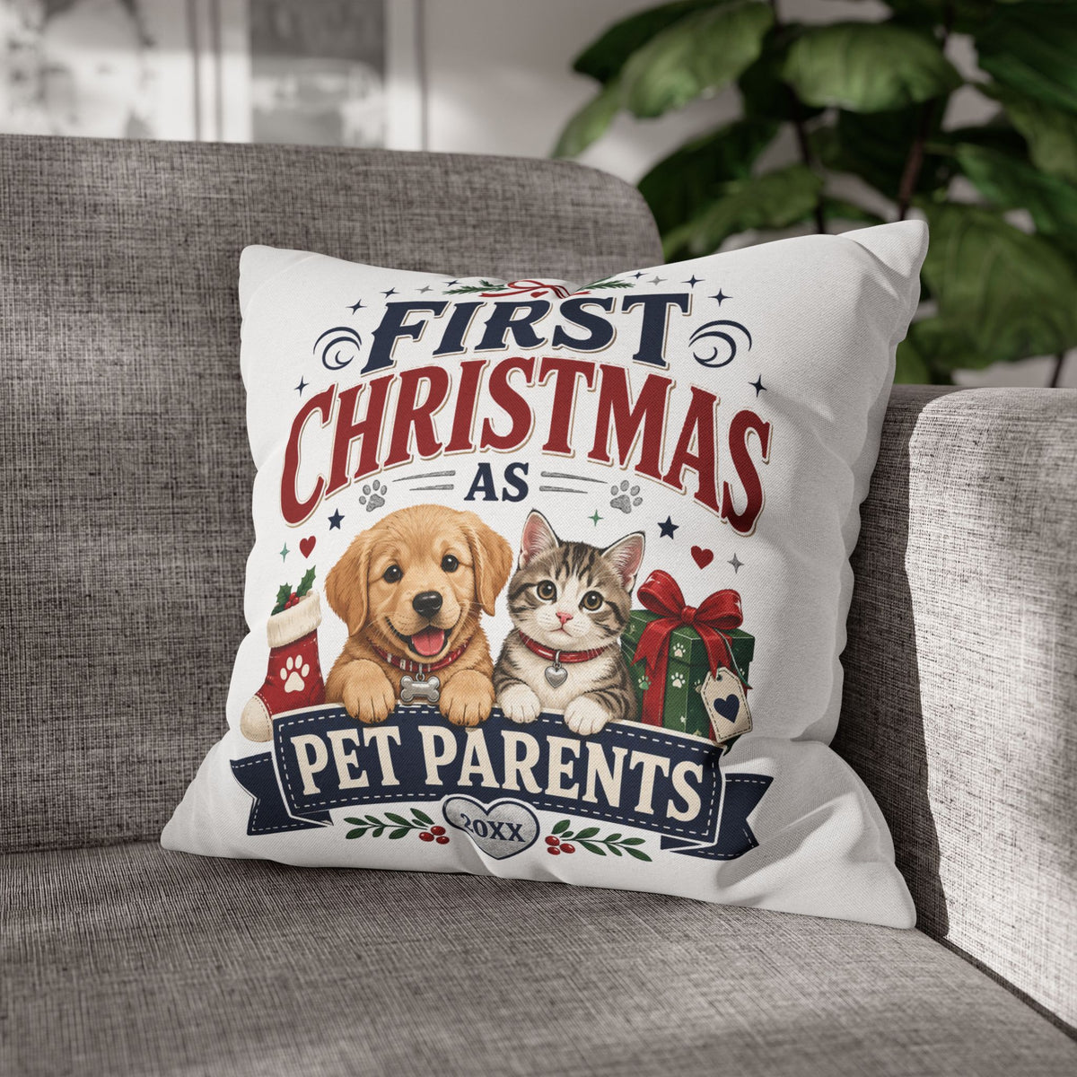 First Christmas as Pet Parents Pillowcase — Dog & Cat Holiday Throw Pillowcase