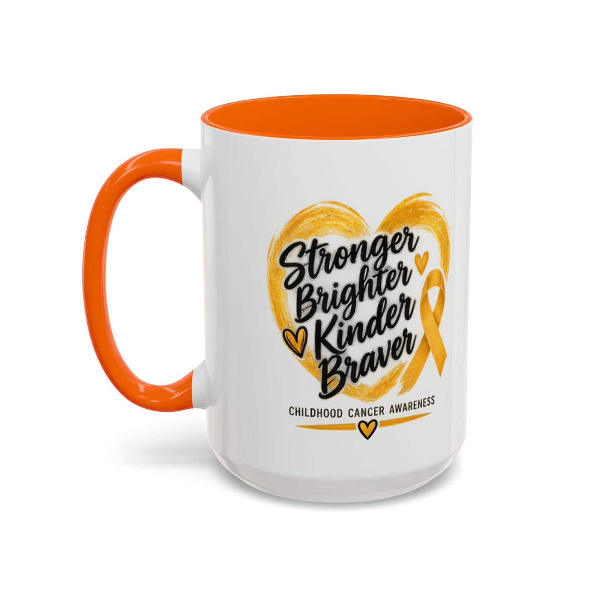 Childhood Cancer Awareness Accent Coffee Mug — "Stronger Brighter Kinder Braver"