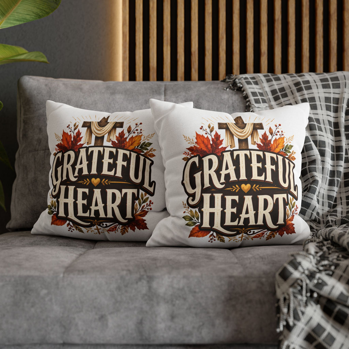 Thanksgiving Grateful Heart Throw Pillow — Autumn Cross Faith Decorative Pillowcase