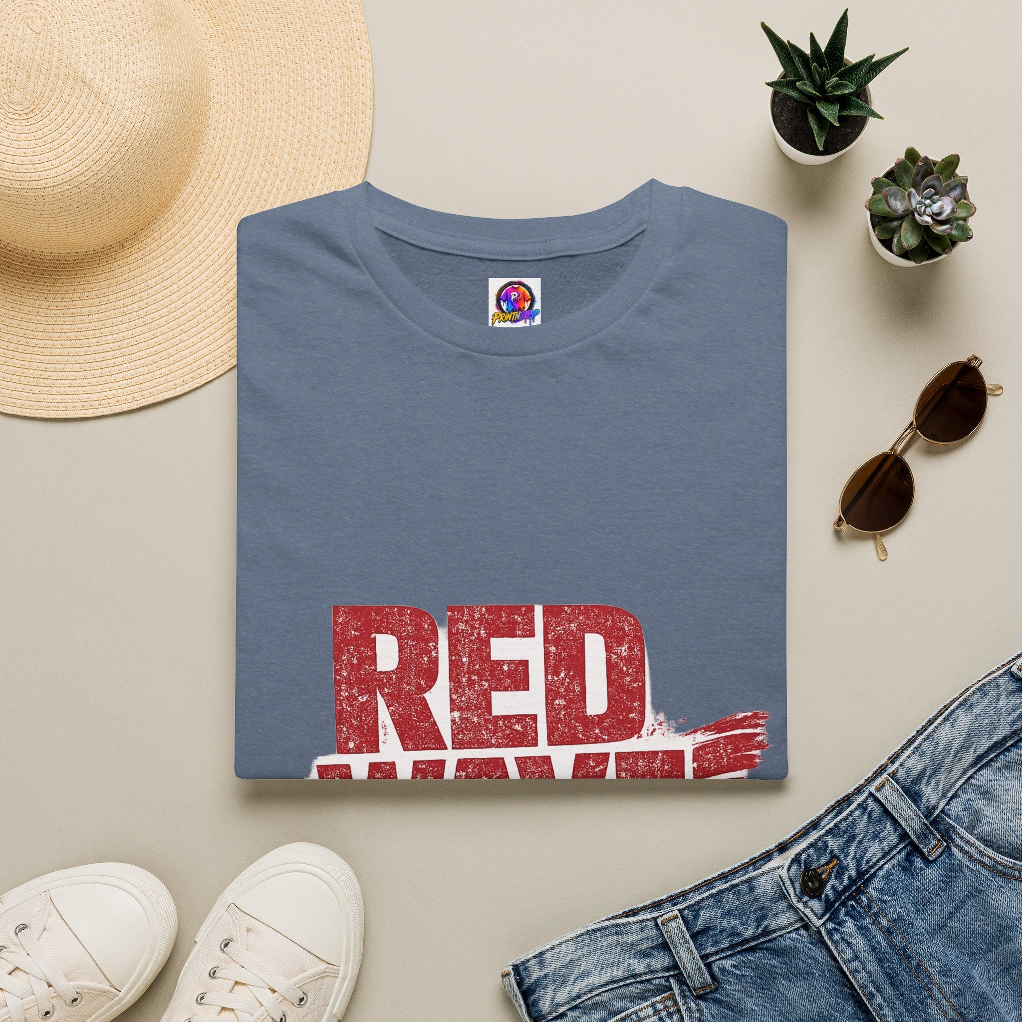 South Korea Red Wave Graphic T‑Shirt — Vintage Distressed Logo Tee