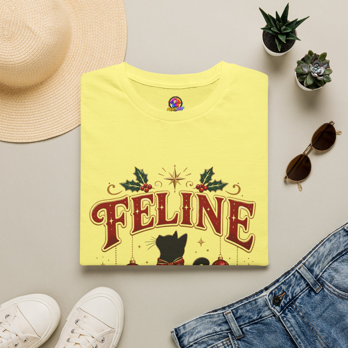 Feline Festive T-Shirt — Cute Black Cat Christmas Holiday Tee
