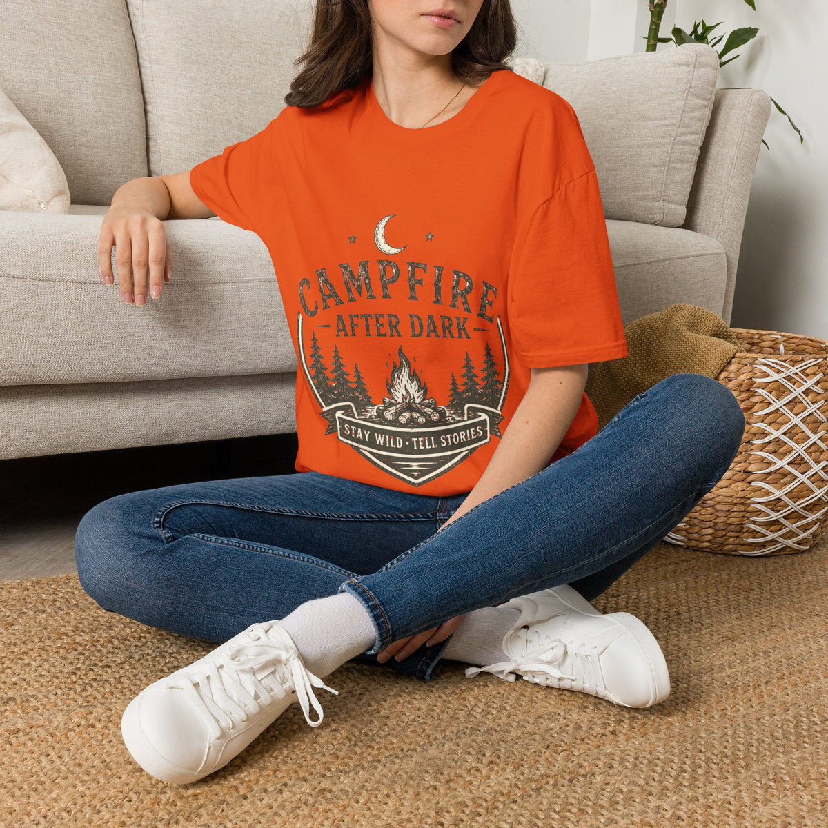 Campfire T-Shirt — "Campfire After Dark" Moonlit Camping Graphic