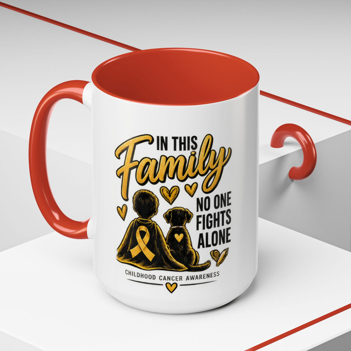 Childhood Cancer Awareness Accent Coffee Mug – "In This Family No One Fights Alone" (11/15oz)