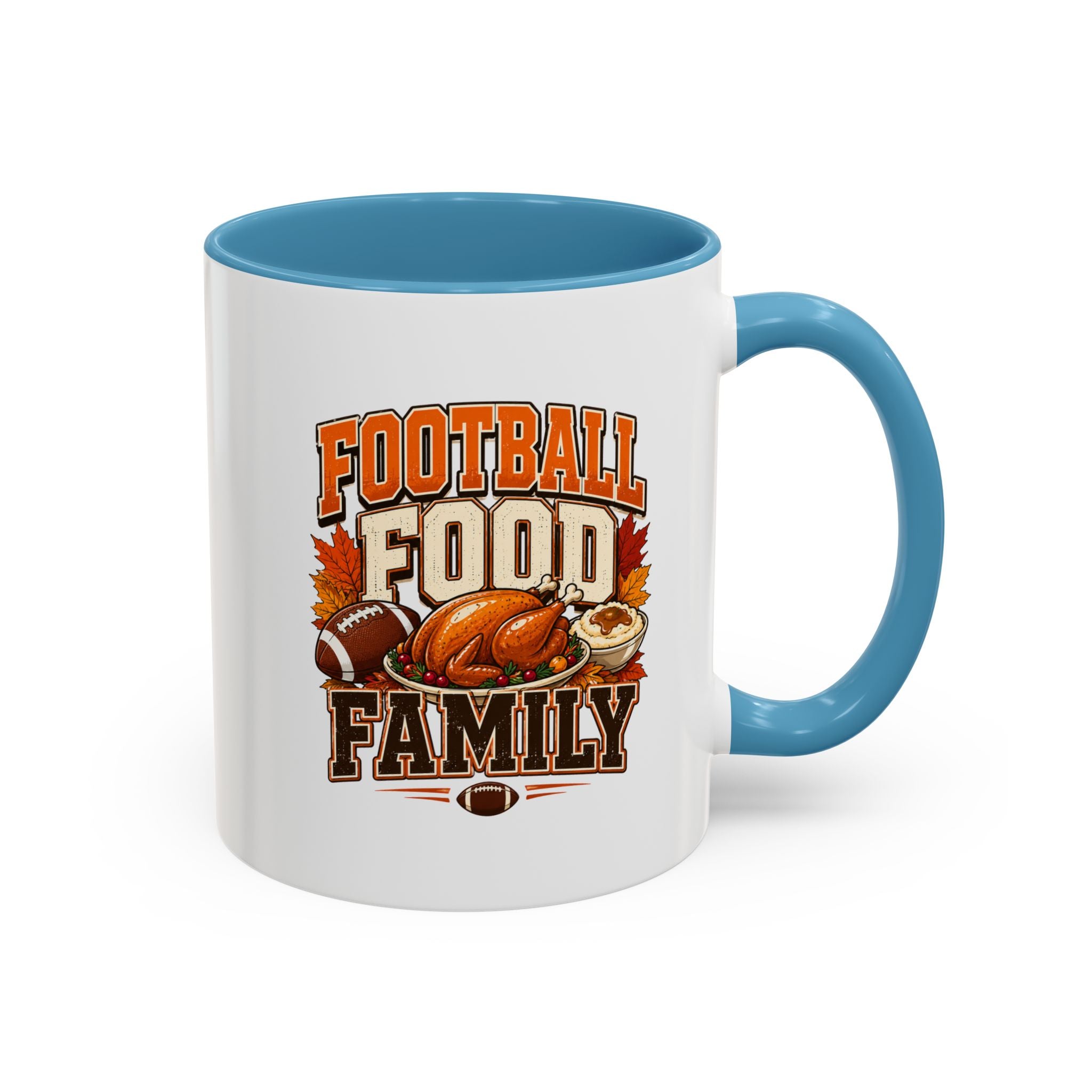 Thanksgiving Mug Football, Food & Family Coffee Mug — Thanksgiving Game Day Accent Mug