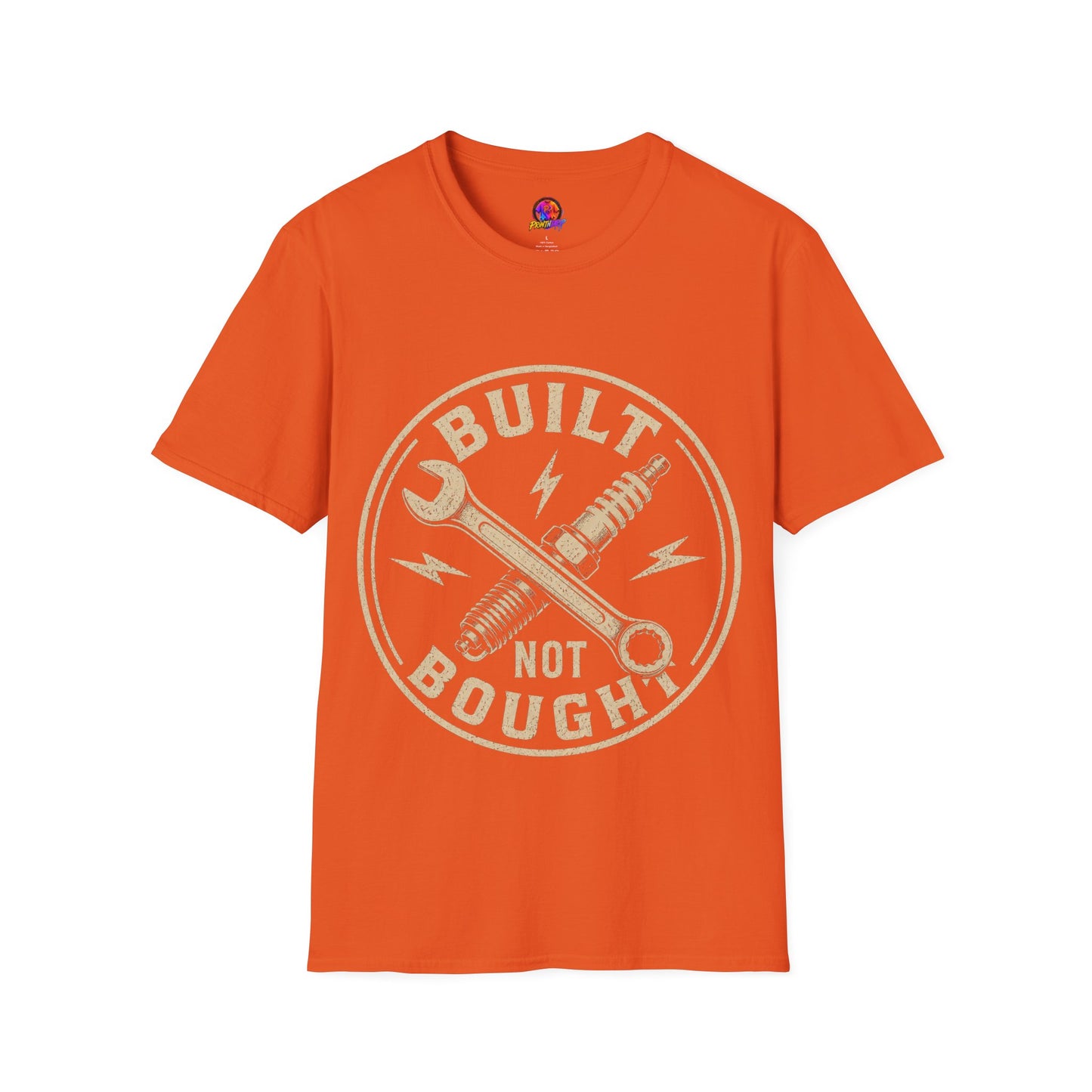 Built Not Bought T-Shirt — Vintage Mechanic Wrench & Spark Plug Design
