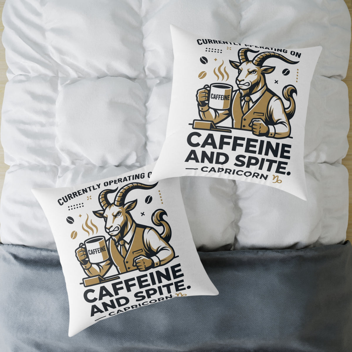 Capricorn Caffeine and Spite Goat Pillow — Funny Coffee Lover Square Throw Pillow