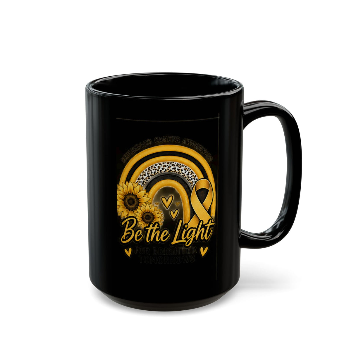 Be the Light Yellow Ribbon Sunflower Mug —Childhood Cancer  Inspirational Black Coffee Cup (11oz, 15oz)