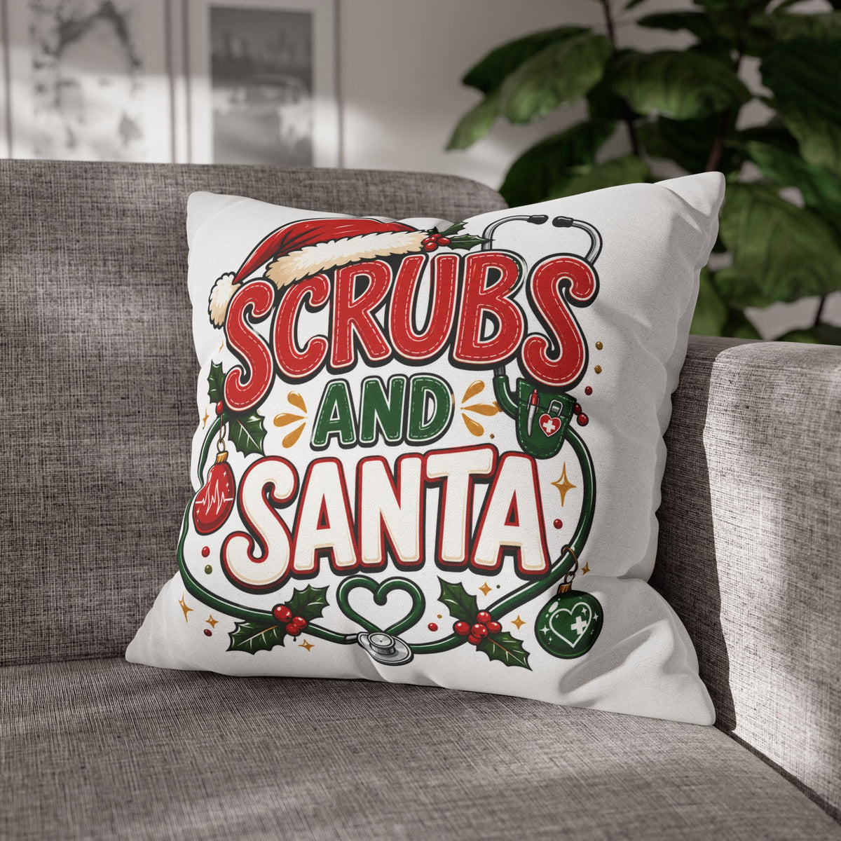 Christmas Scrubs and Santa Holiday Pillowcase – Christmas Nurse Decorative Throw Pillow Cover
