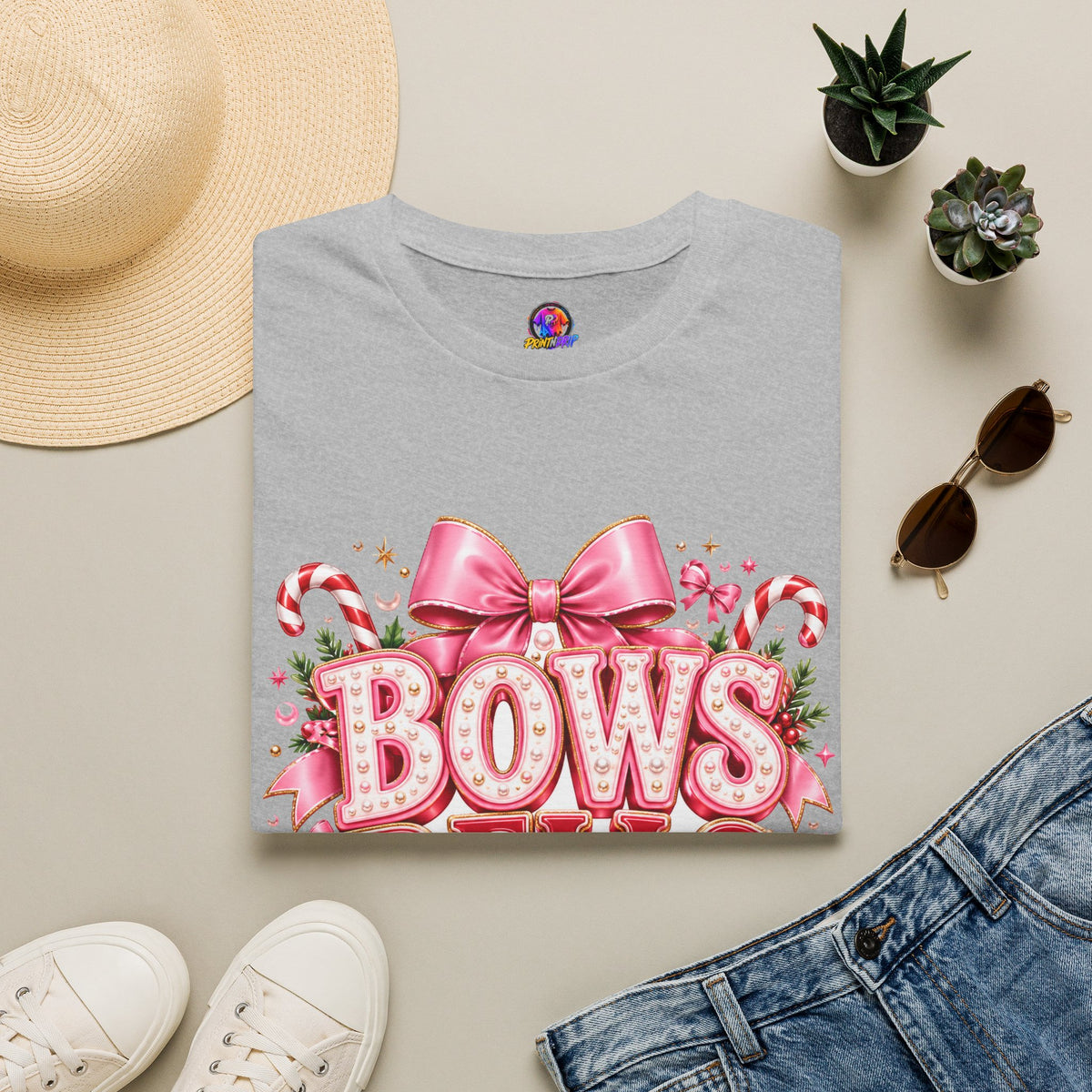 Bows Bells Bliss Christmas T‑Shirt — Pink Holiday Bow Graphic