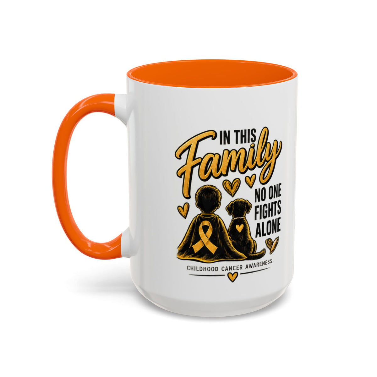 Childhood Cancer Awareness Coffee Mug — "In This Family No One Fights Alone"