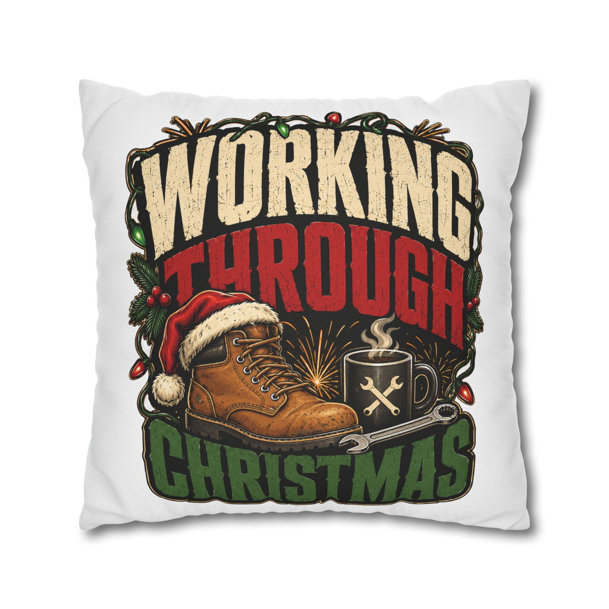 Christmas Work Boots Pillowcase Modern Day Christmas  – "Working Through Christmas" Holiday Throw Pillow Cover