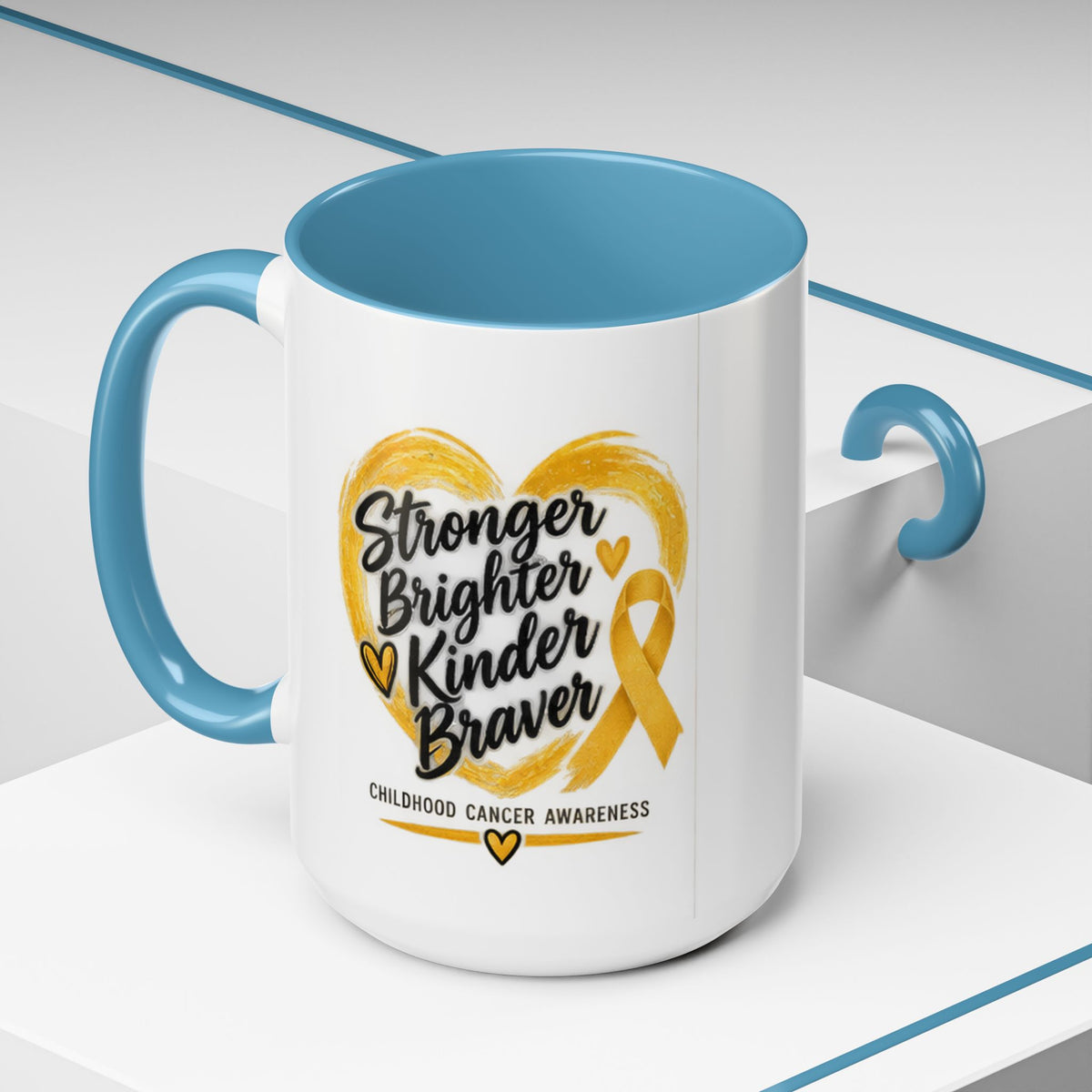 Childhood Cancer Awareness Accent Coffee Mug — "Stronger Brighter Kinder Braver"