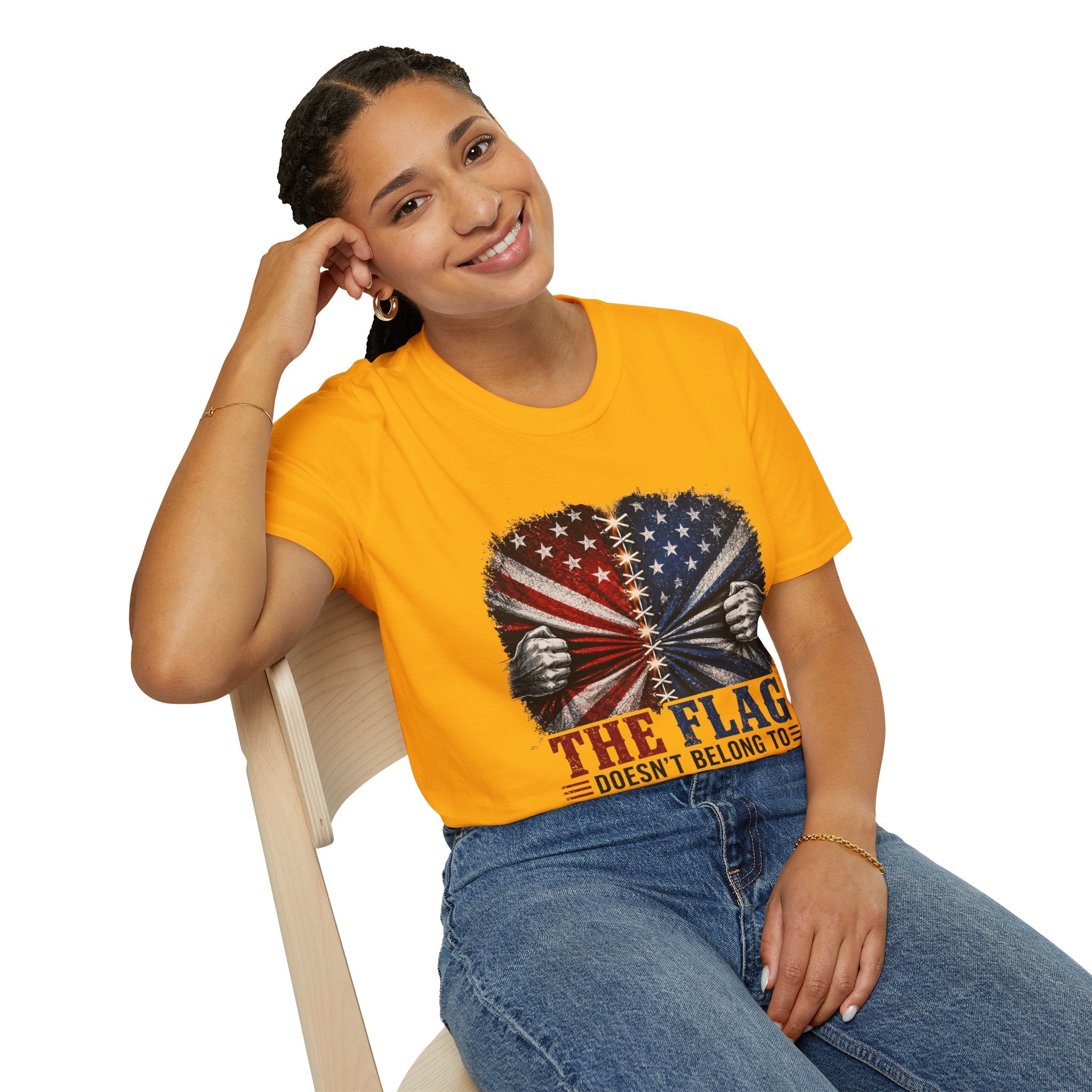 T-Shirt — "The Flag Doesn't Belong to One Side" Distressed American Flag Graphic