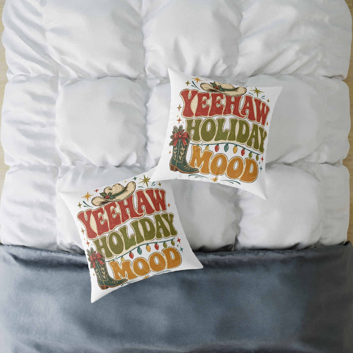 Christmas Square Pillow — "Yeehaw Holiday Mood" Western Christmas Decorative Throw Pillow