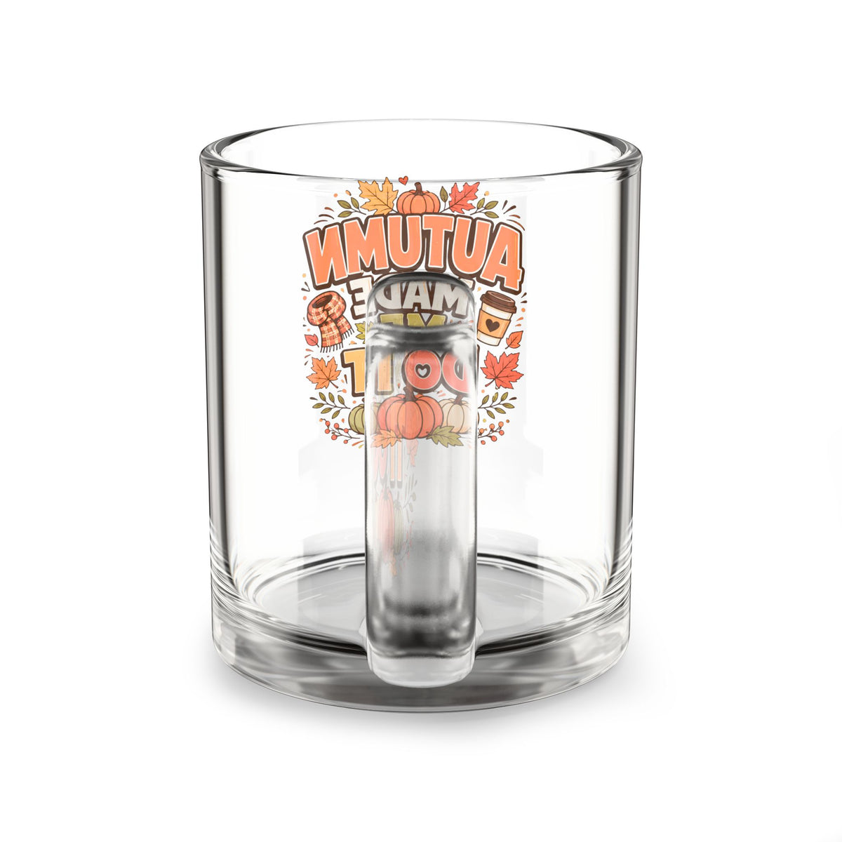 Glass Mug — Thanksgiving  Glass Mug — "Autumn Made Me Do It" Fall Coffee Cup | 10oz Seasonal Pumpkin Leaves Design