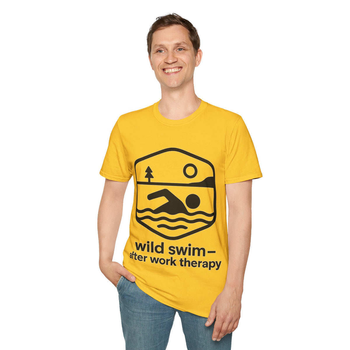 Wild Swim After Work Therapy Shield Badge T-Shirt, Retro Cold Plunge Swimming Graphic Tee - Trending Now - September 2026