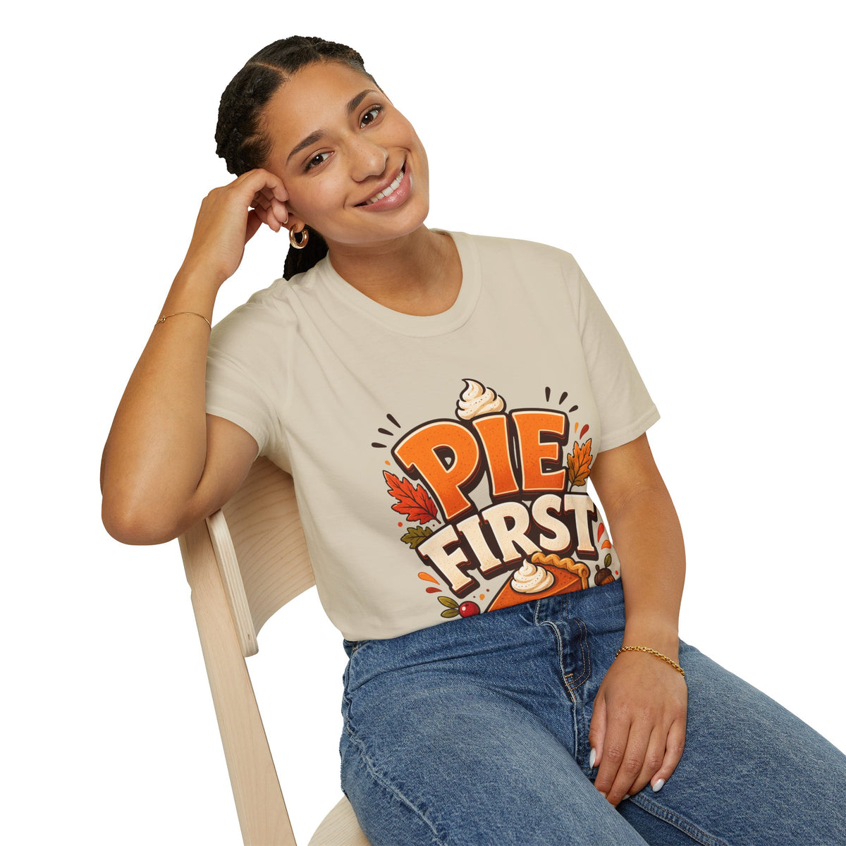 Thanksgiving T-Shirt Pie First T-Shirt — Funny Thanksgiving Pumpkin Pie Graphic Tee