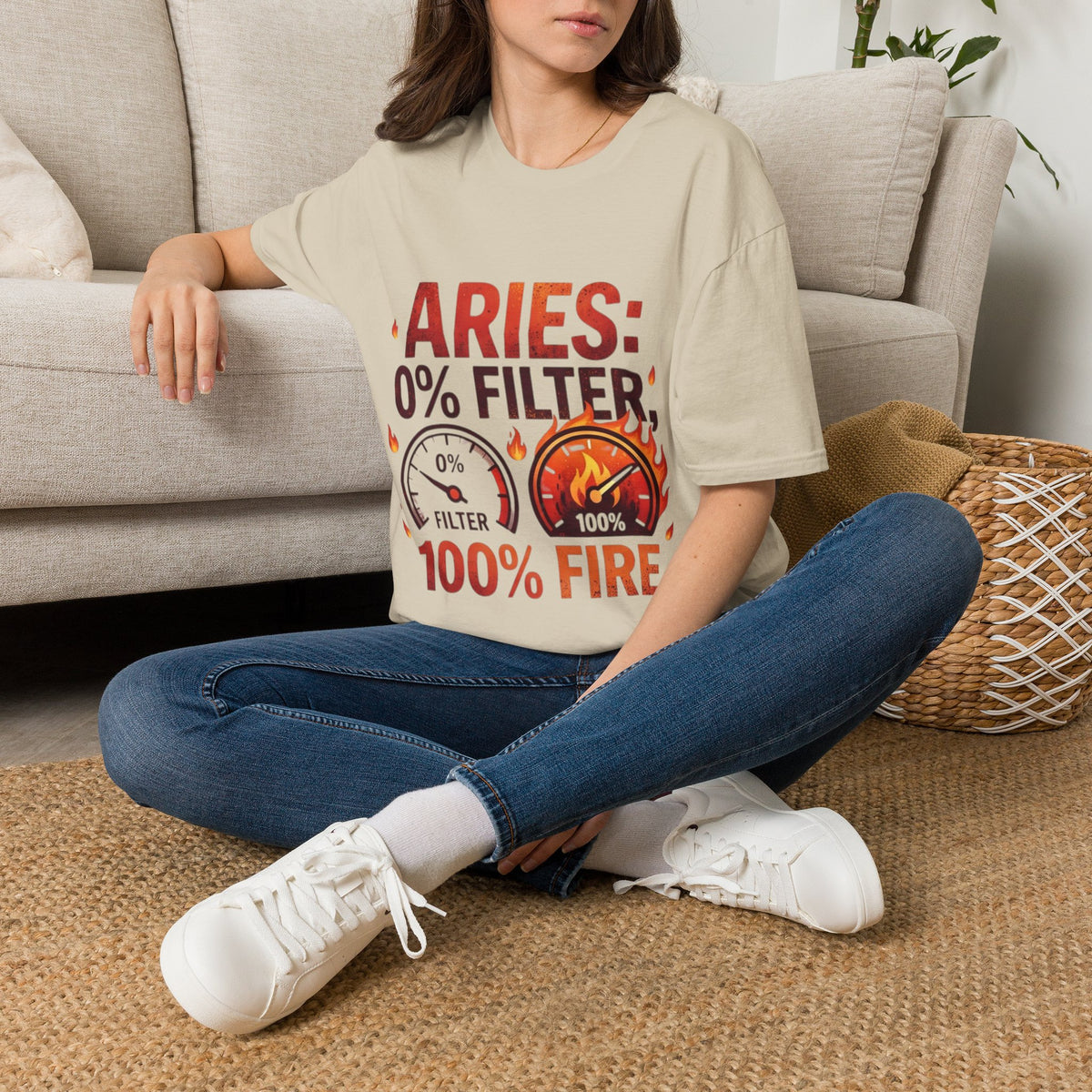 Aries T-Shirt — "Aries: 0% Filter, 100% Fire" Bold Zodiac Tee