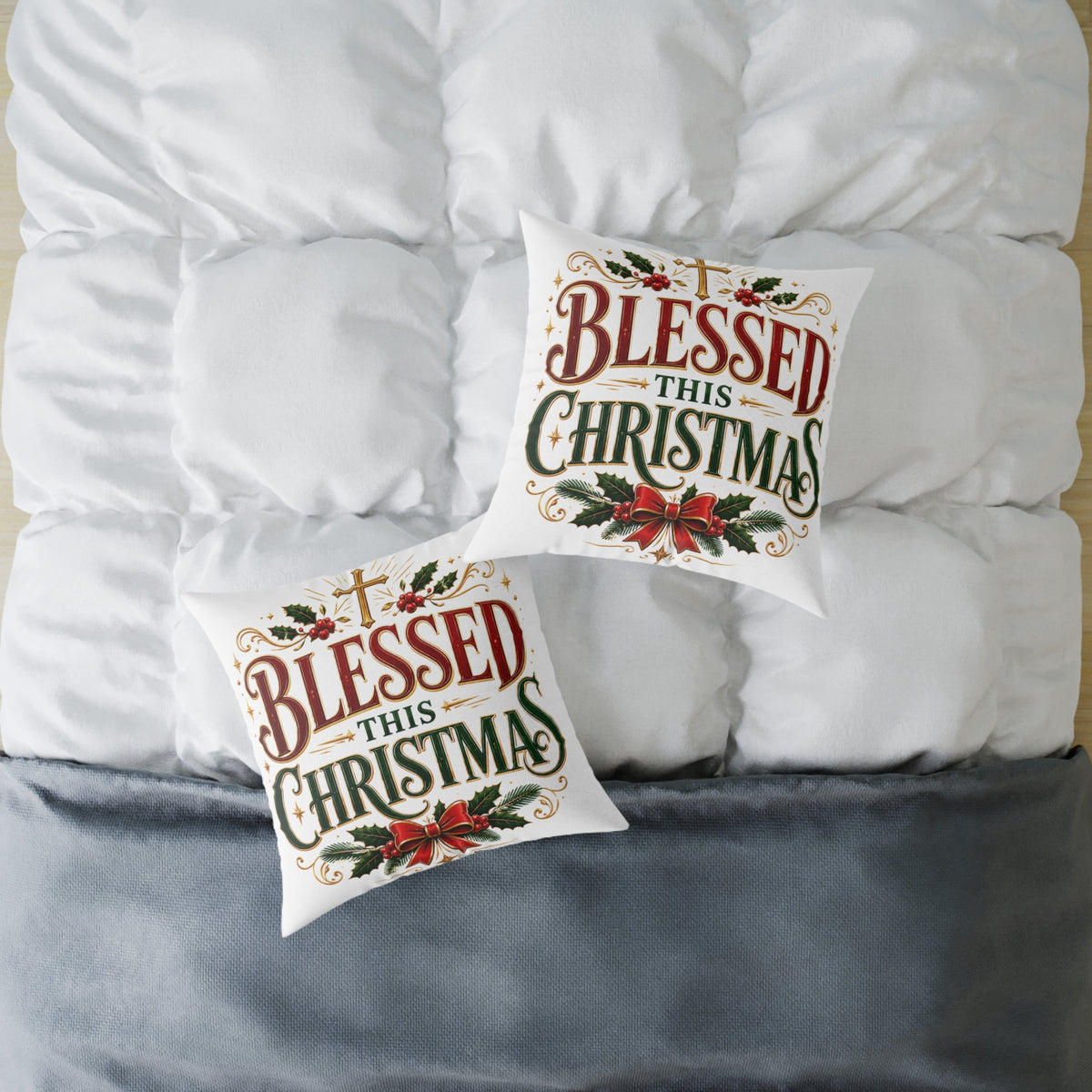 Blessed This Christmas Square Poly Canvas Pillow