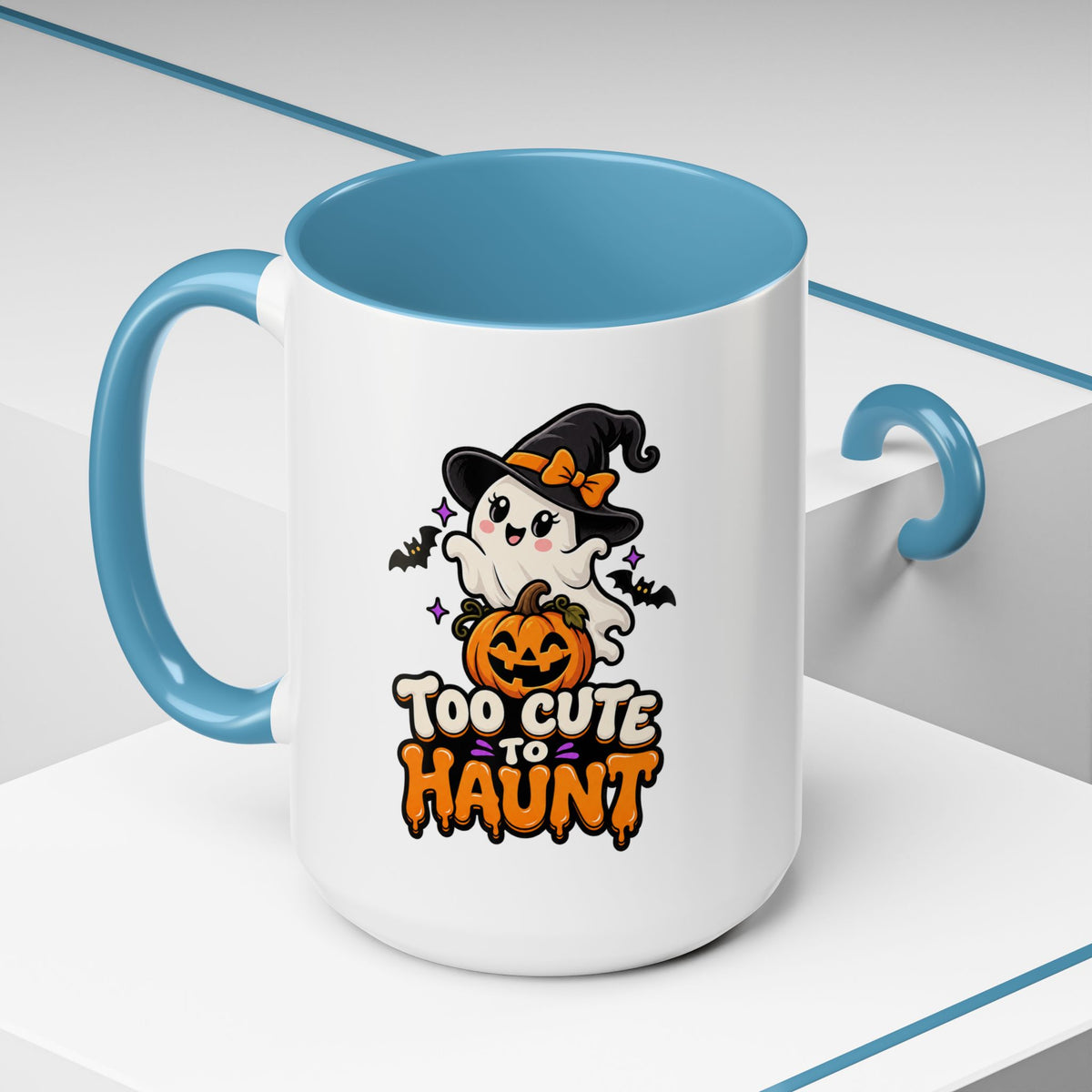 Halloween Coffee Mug - 'Too Cute to Haunt' Ghost Pumpkin Accent Mug