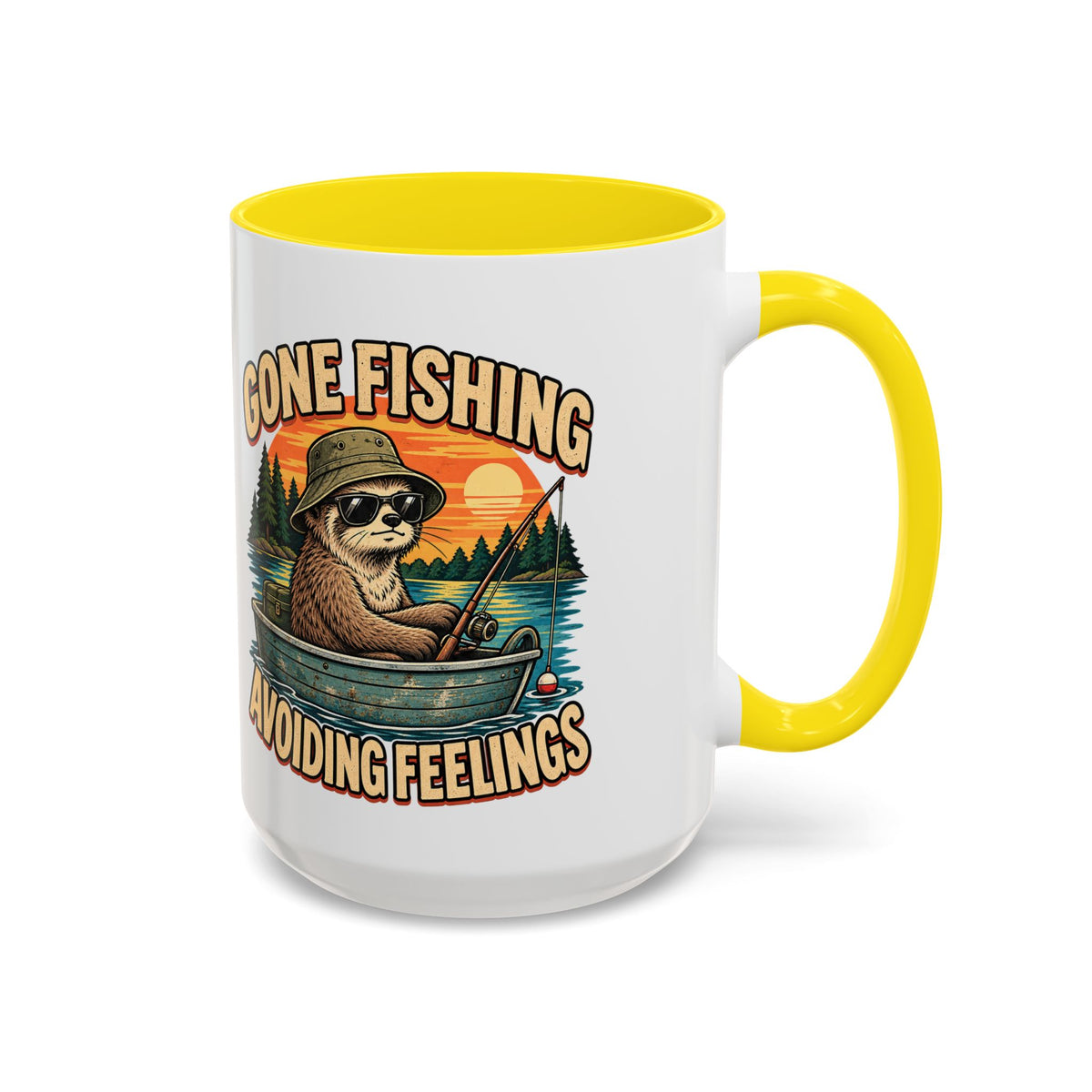 Funny And Witty "Gone Fishing Avoiding Feelings" Accent Coffee Mug (11, 15oz)