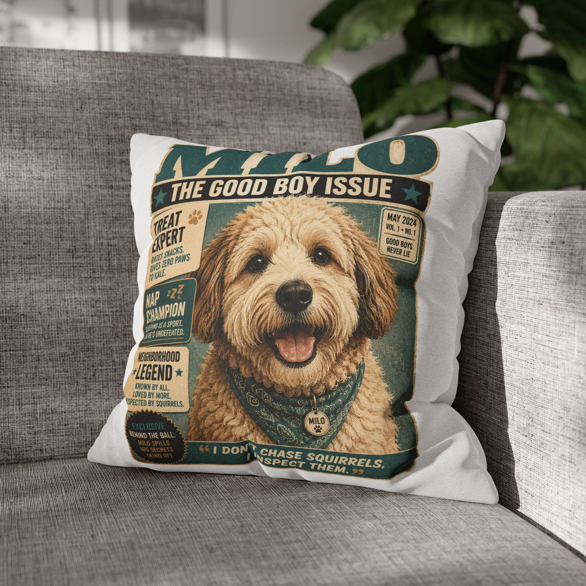Dog Magazine Cover Pillowcase Milo Bailey Dog Dad Mom– "Milo: The Good Boy Issue" Decorative Throw Pillow