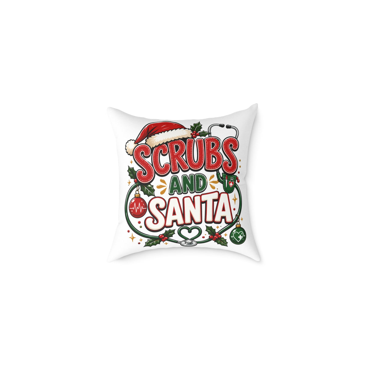 Christmas Square Pillow — Scrubs and Santa Christmas Cushion for Nurses