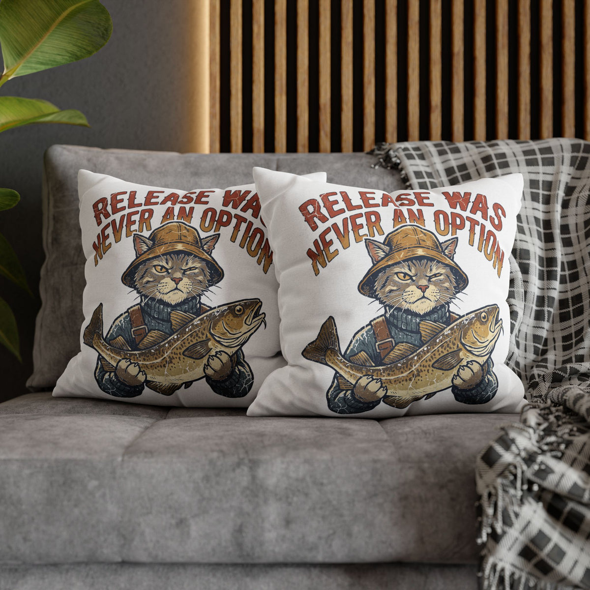 Funny Cat Angler Pillowcase - "Release Was Never An Option" Fishing Throw Pillow