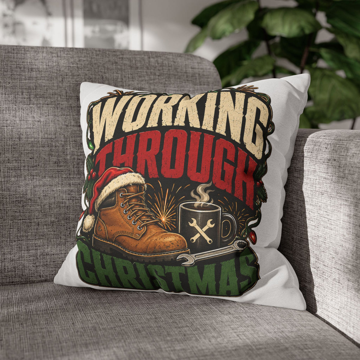 Christmas Work Boots Pillowcase Modern Day Christmas  – "Working Through Christmas" Holiday Throw Pillow Cover