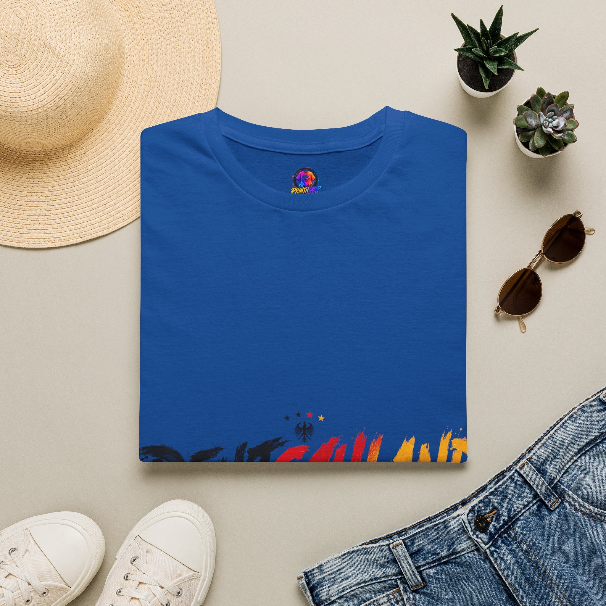 Germany Deutschland Football T-Shirt — Deutschland Script with German Flag Brushstroke