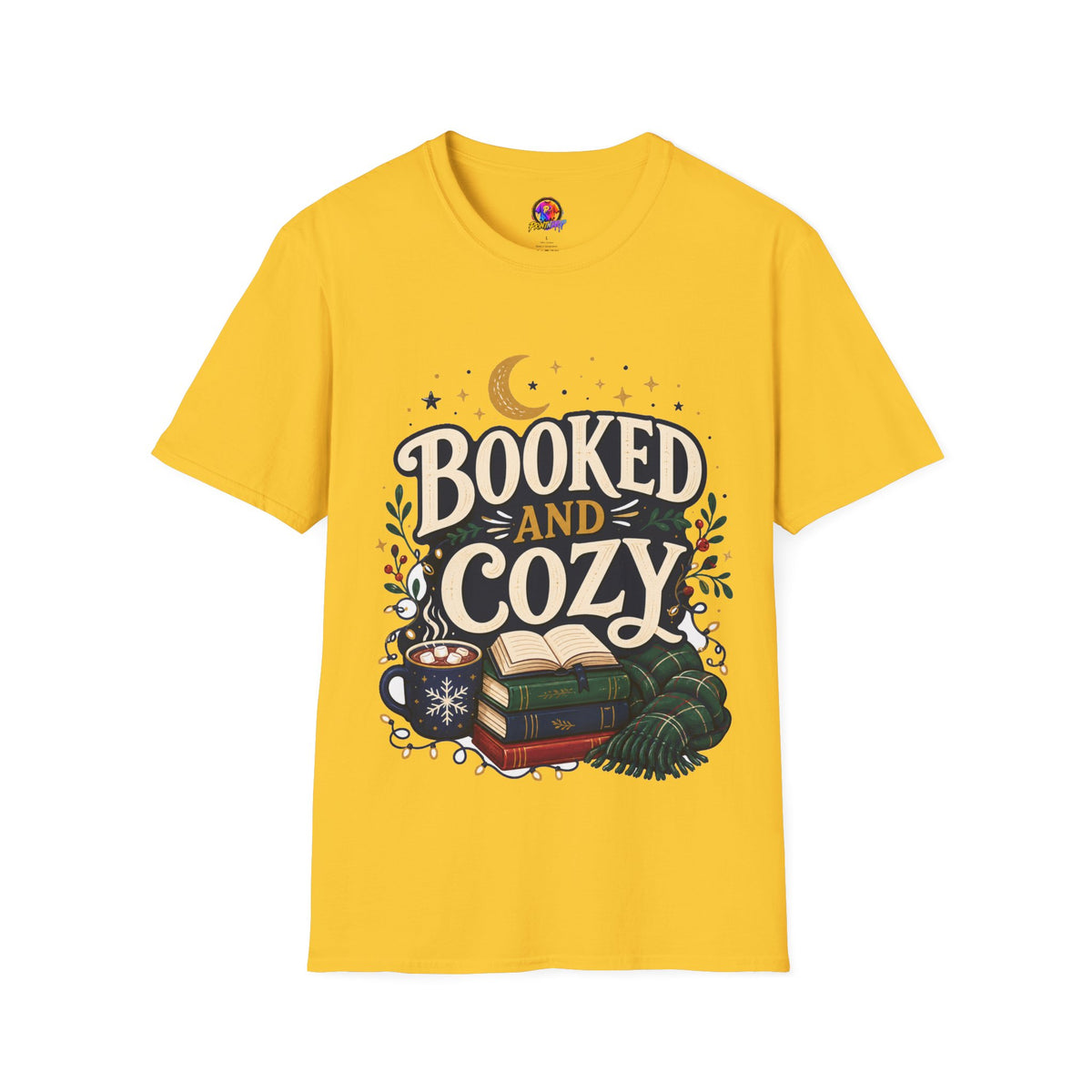 Booked and Cozy T-Shirt — Cozy Reading Graphic Tee (Books, Moon & Stars)