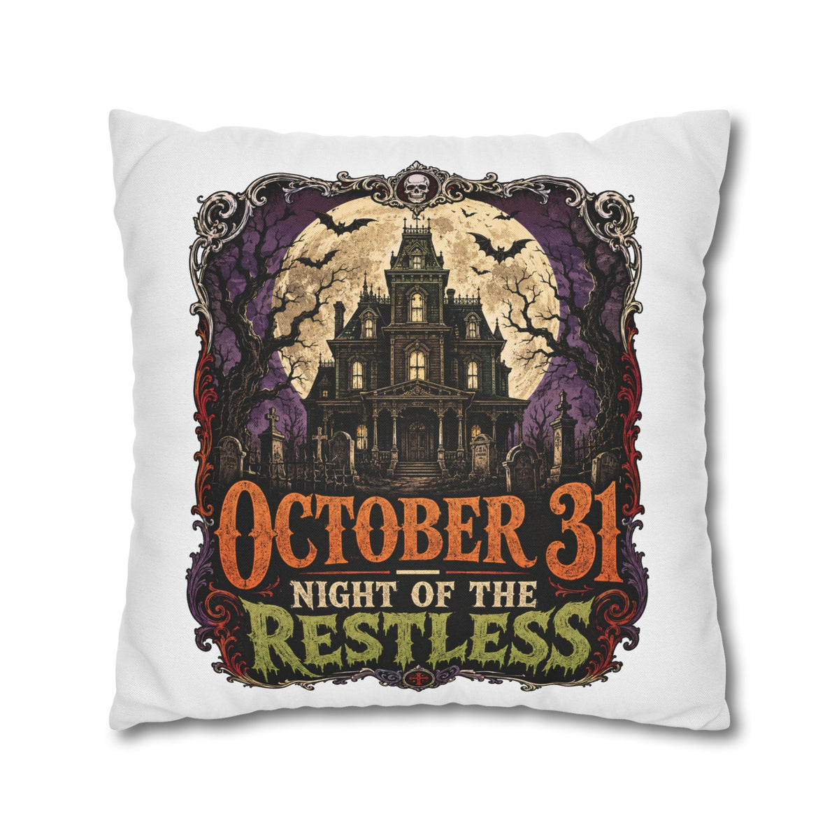 Halloween Pillowcase — "October 31 Night of the Restless" Haunted House Throw Pillow