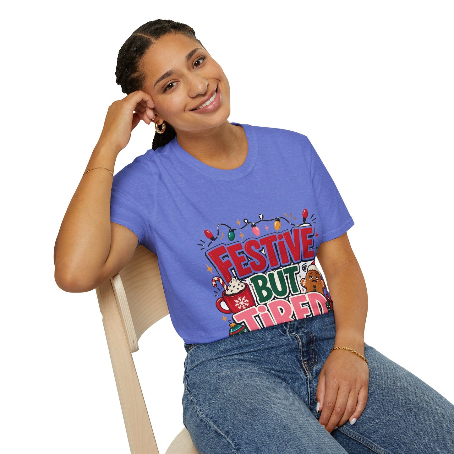 Festive But Tired T-Shirt — Holiday Christmas Crew Tee with Lights & Gingerbread