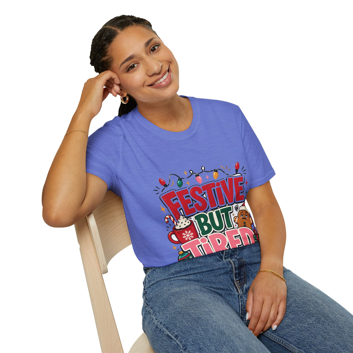 Festive But Tired T-Shirt — Holiday Christmas Crew Tee with Lights & Gingerbread
