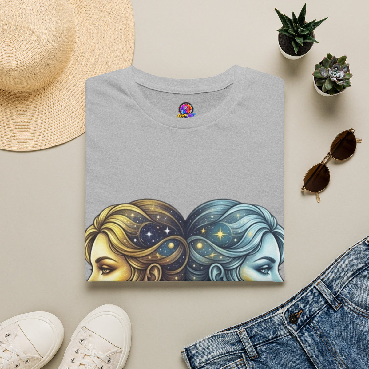 Zodiac Gemini Sun & Moon T-Shirt — Dual Faces Cosmic Design