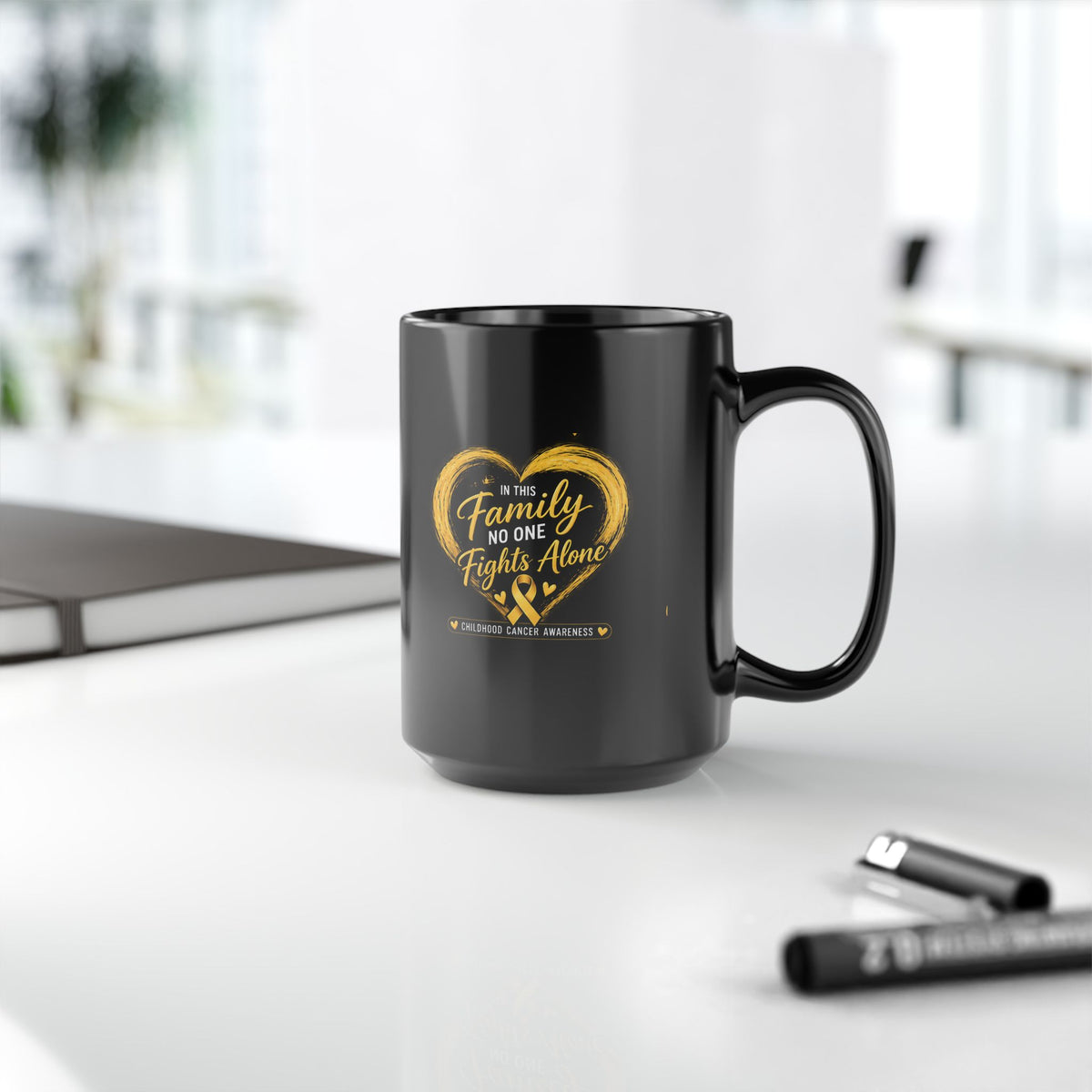 Childhood Cancer Awareness Mug – "In This Family No One Fights Alone" Black Coffee Cup (11oz, 15oz)