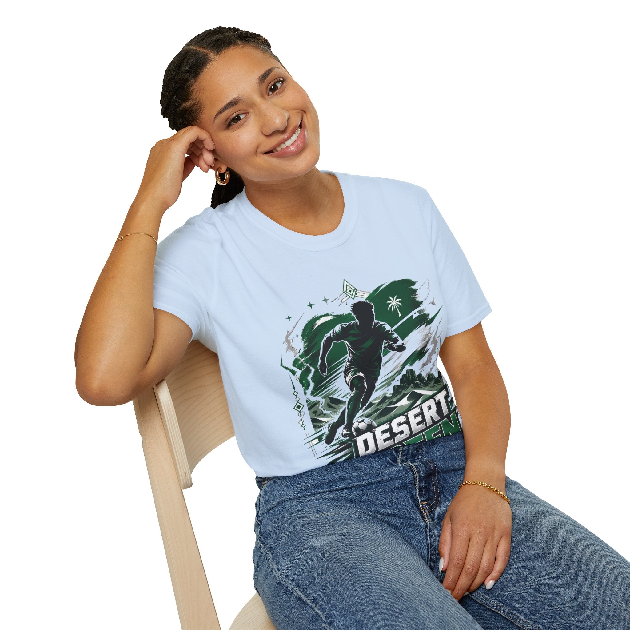 Saudi Arabia Desert Green Soccer T-Shirt — Silhouette Player Graphic