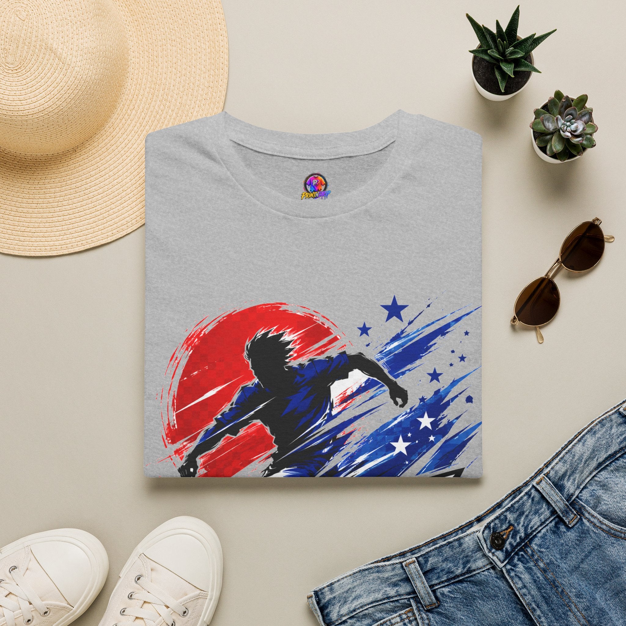 Japan T-Shirt — Blue Blade Soccer Graphic Tee (Red & Blue Starburst)