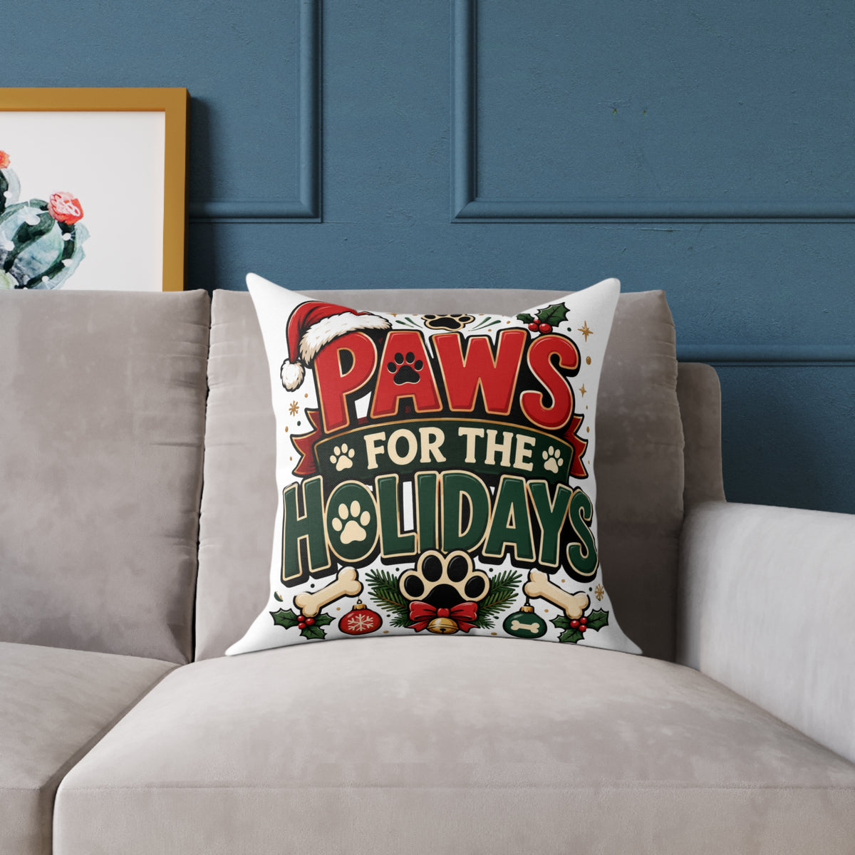 Christmas Paws for the Holidays Square Pillow — Festive Pet Christmas Decor