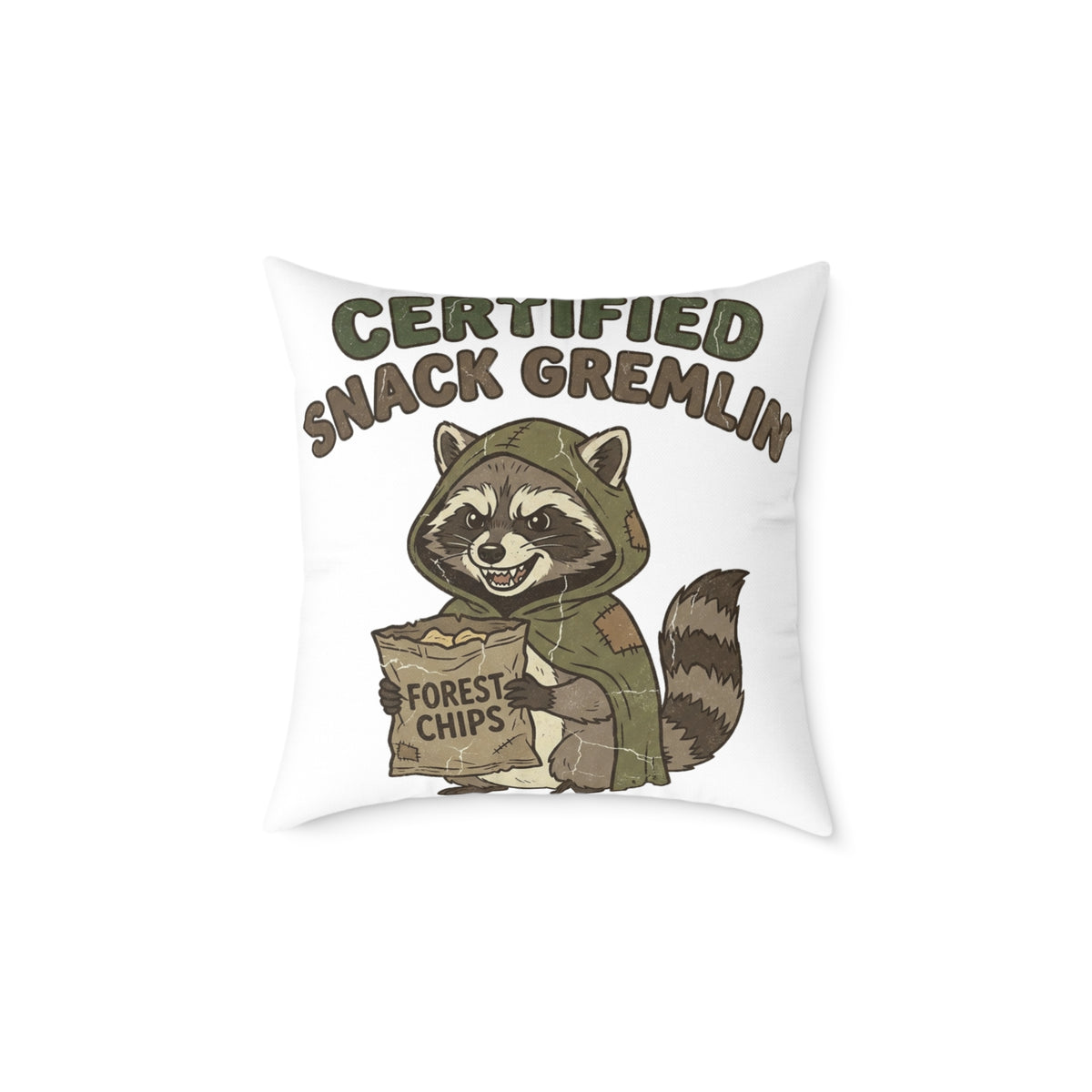 Funny Certified Snack Gremlin Raccoon Pillow — Cute Animal Snack Lover Throw Pillow